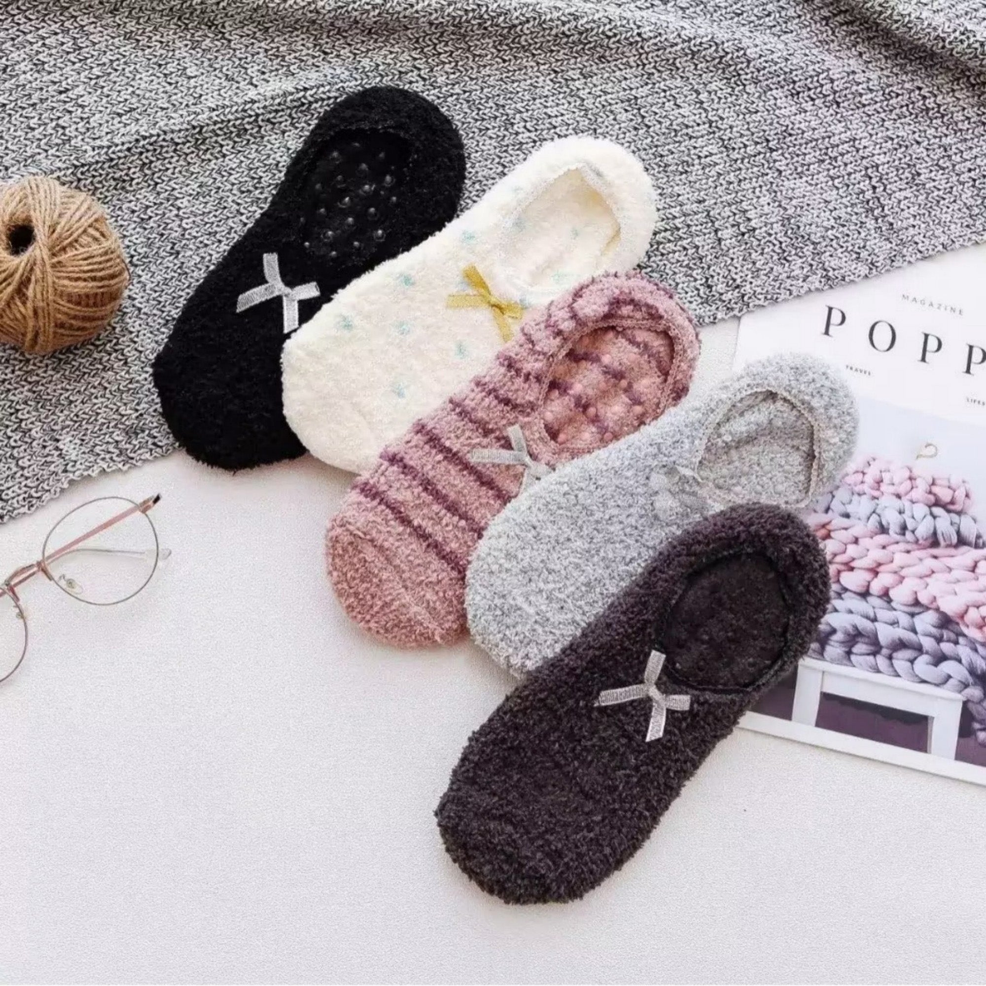 Anna-Kaci Women's 3-Pack Non-Slip Plush Fuzzy Slipper Socks with Fabric Bow and Grip Bottoms
