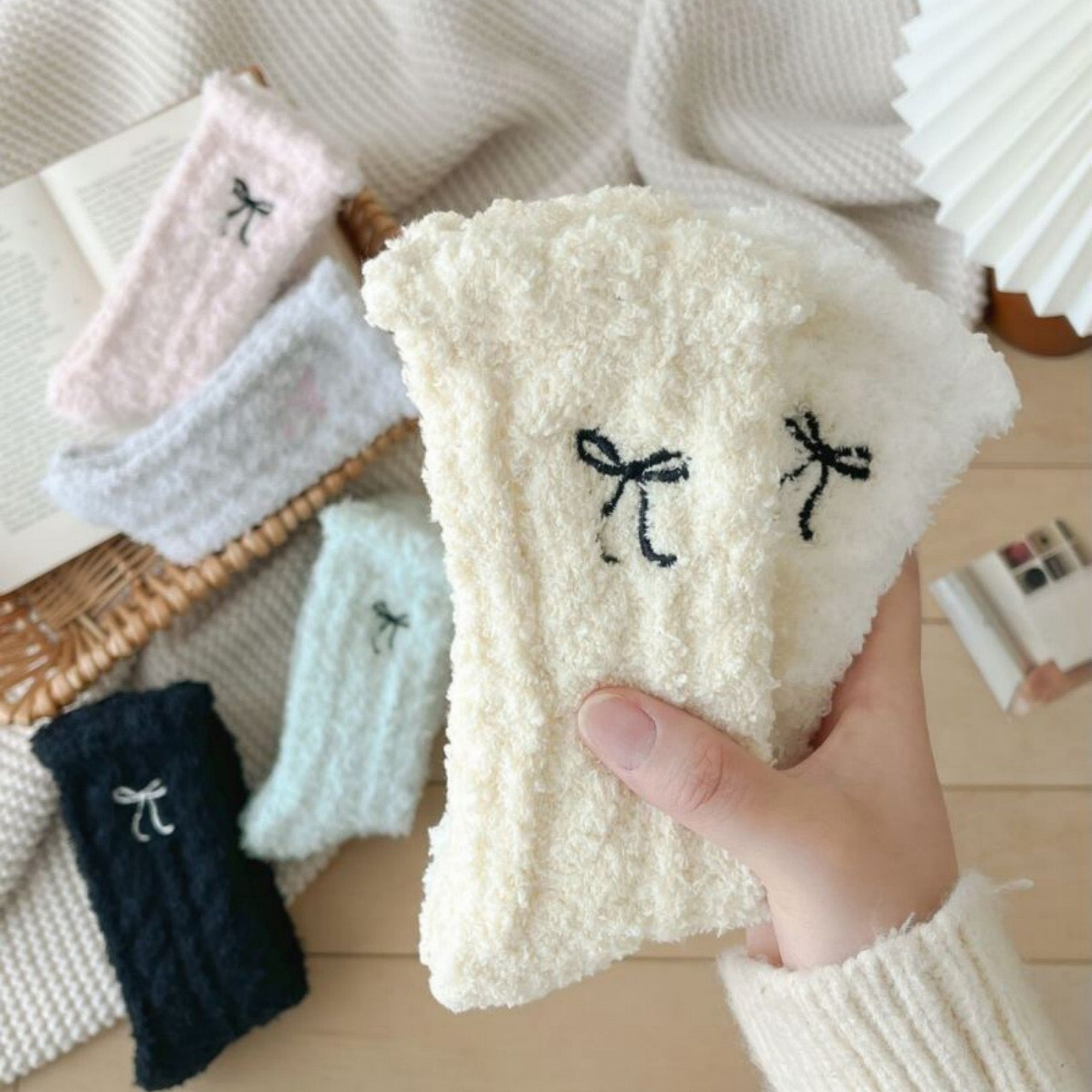 Anna-Kaci Women's 3-Pack Fuzzy Crew Socks with Embroidered Bow Detail and Soft Plush Texture