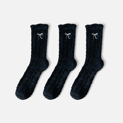 Anna-Kaci Women's 3-Pack Fuzzy Crew Socks with Embroidered Bow Detail and Soft Plush Texture