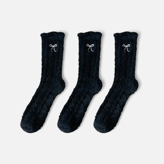 Anna-Kaci Women's 3-Pack Fuzzy Crew Socks with Embroidered Bow Detail and Soft Plush Texture