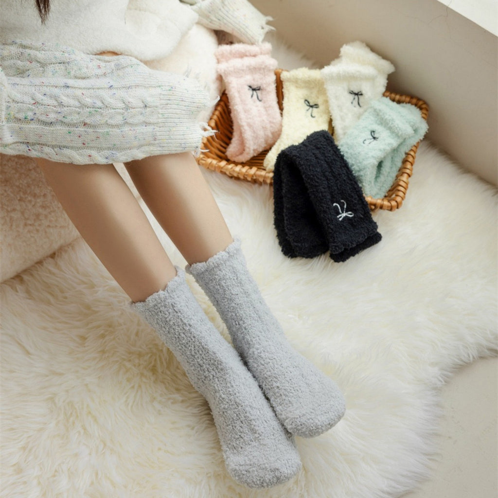 Anna-Kaci Women's 3-Pack Fuzzy Crew Socks with Embroidered Bow Detail and Soft Plush Texture