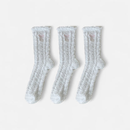 Anna-Kaci Women's 3-Pack Fuzzy Crew Socks with Embroidered Bow Detail and Soft Plush Texture
