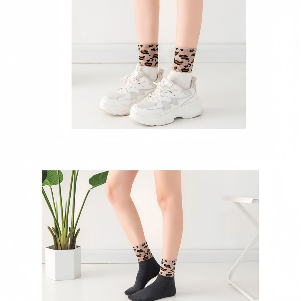 Anna-Kaci Women's 3-Pack Crew Socks with Ribbed Leopard Print Cuffs and Soft Stretch Knit Design