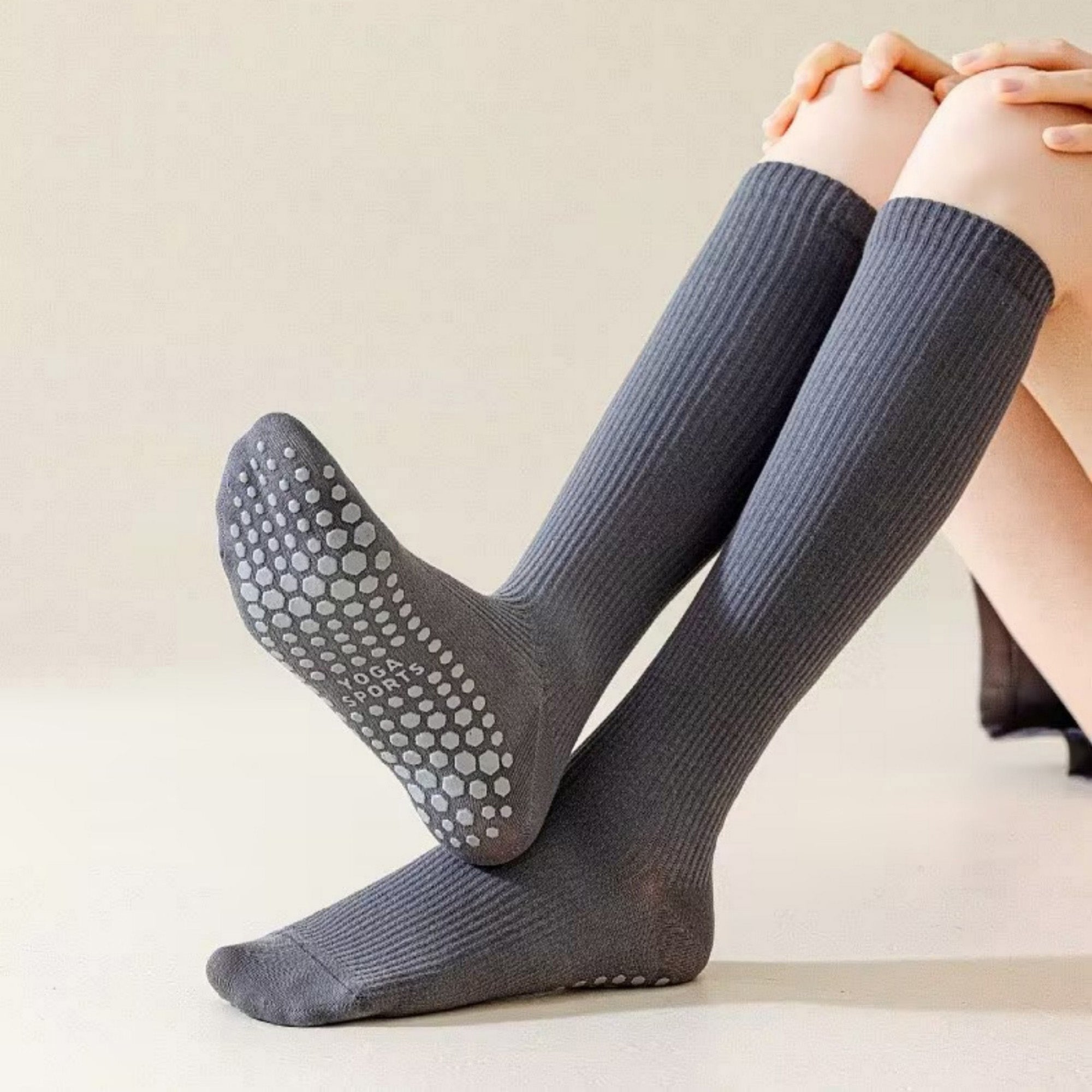 Anna-Kaci Women's 2-Pack Long Ribbed Non-Slip Socks with Grip Soles for Indoor Comfort and Support