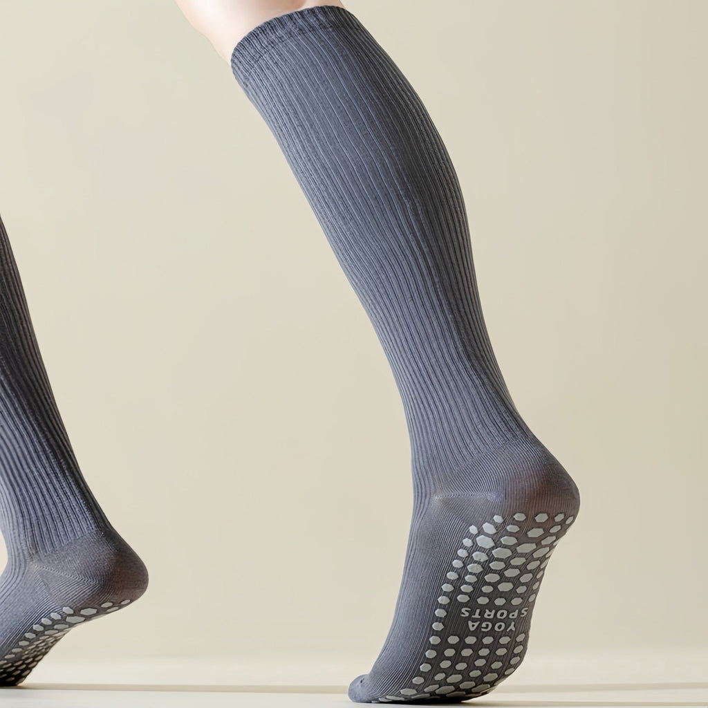 Anna-Kaci Women's 2-Pack Long Ribbed Non-Slip Socks with Grip Soles for Indoor Comfort and Support