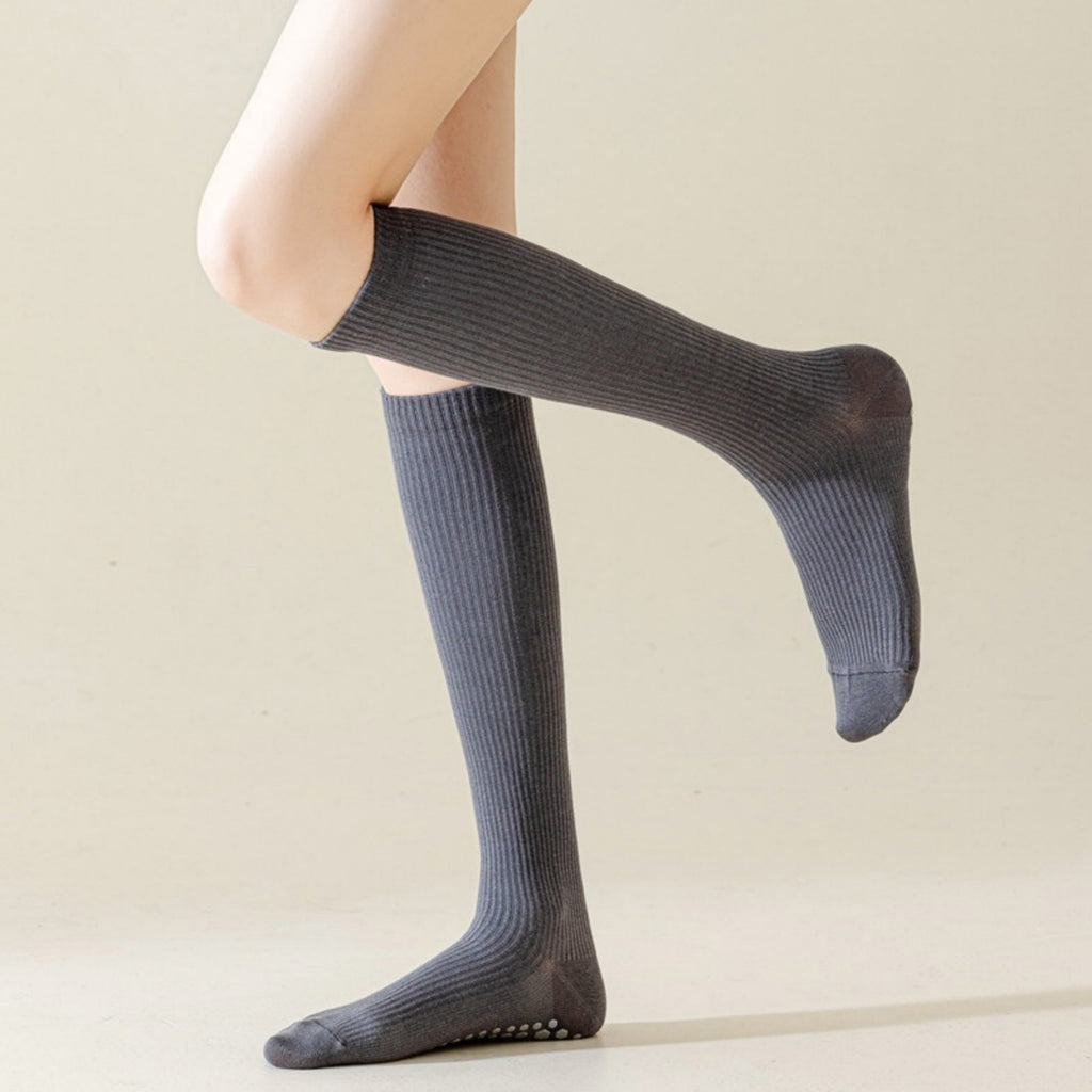 Anna-Kaci Women's 2-Pack Long Ribbed Non-Slip Socks with Grip Soles for Indoor Comfort and Support