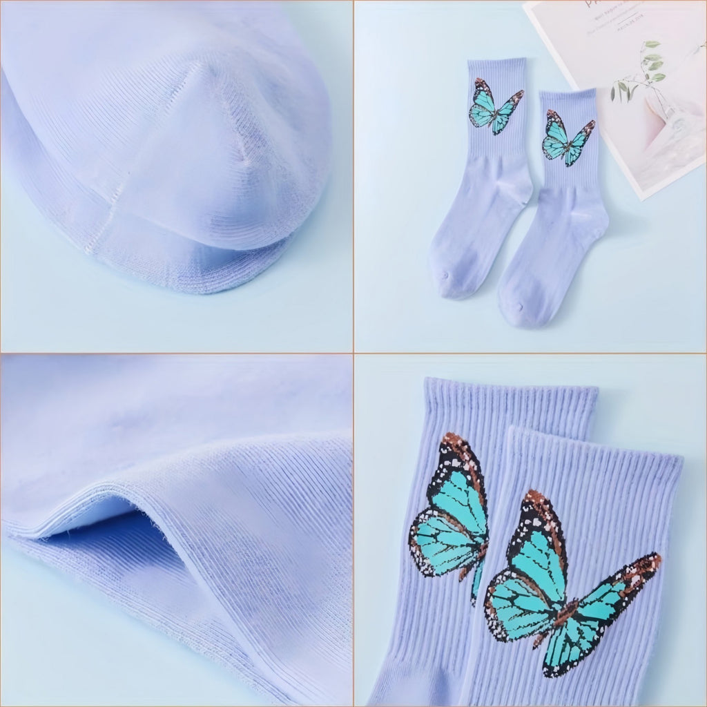 Anna-Kaci Women's 2-Pack Butterfly Graphic Crew Socks Soft Knit Ribbed Cuff Stylish Casual Sock Set
