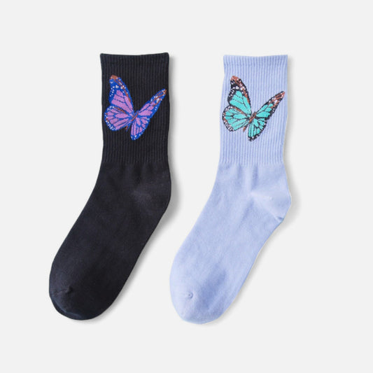 Anna-Kaci Women's 2-Pack Butterfly Graphic Crew Socks Soft Knit Ribbed Cuff Stylish Casual Sock Set