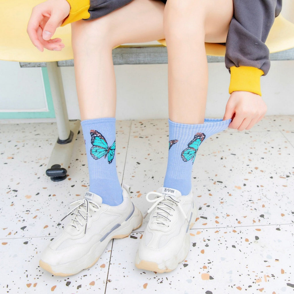 Anna-Kaci Women's 2-Pack Butterfly Graphic Crew Socks Soft Knit Ribbed Cuff Stylish Casual Sock Set