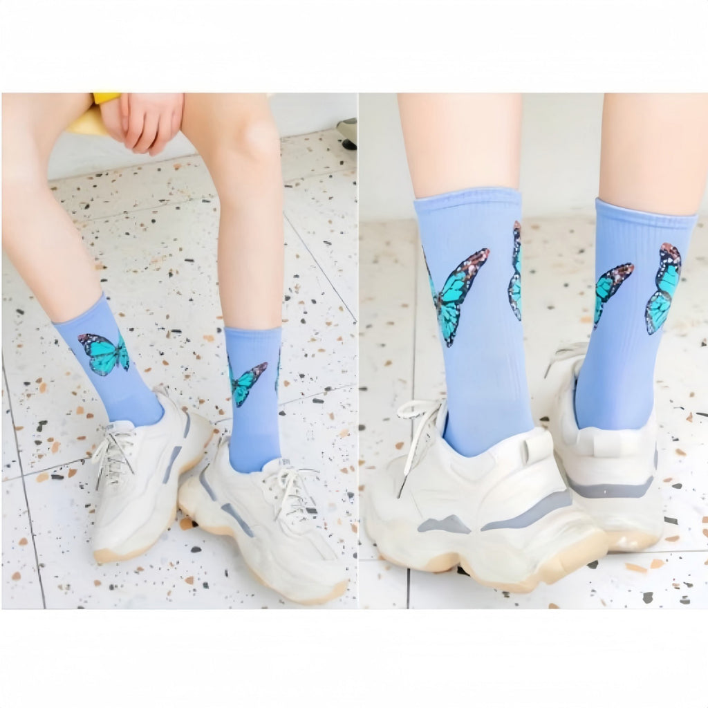 Anna-Kaci Women's 2-Pack Butterfly Graphic Crew Socks Soft Knit Ribbed Cuff Stylish Casual Sock Set
