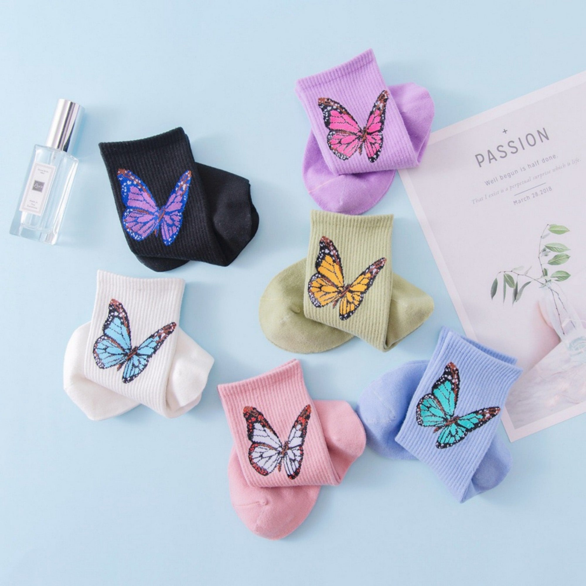 Anna-Kaci Women's 2-Pack Butterfly Graphic Crew Socks Soft Knit Ribbed Cuff Stylish Casual Sock Set