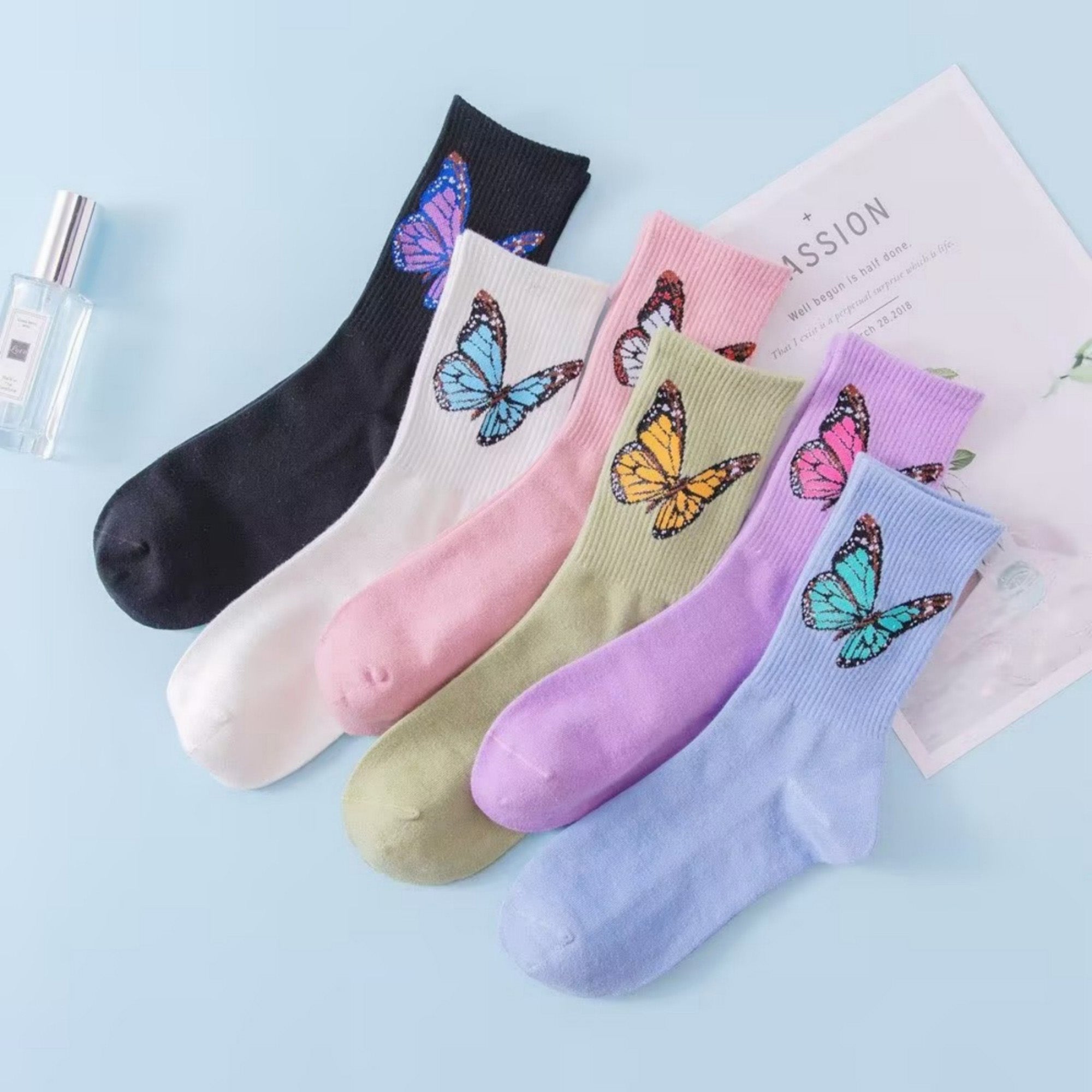 Anna-Kaci Women's 2-Pack Butterfly Graphic Crew Socks Soft Knit Ribbed Cuff Stylish Casual Sock Set