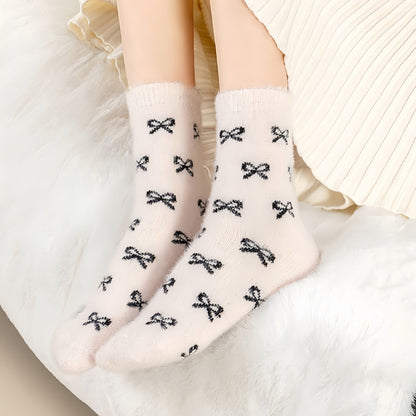 Anna-Kaci Women's 3-Pack Fuzzy Crew Socks with Allover Bow Pattern Soft Cozy Knit Winter Sock Set