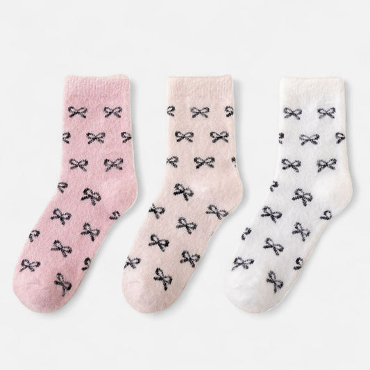 Anna-Kaci Women's 3-Pack Fuzzy Crew Socks with Allover Bow Pattern Soft Cozy Knit Winter Sock Set