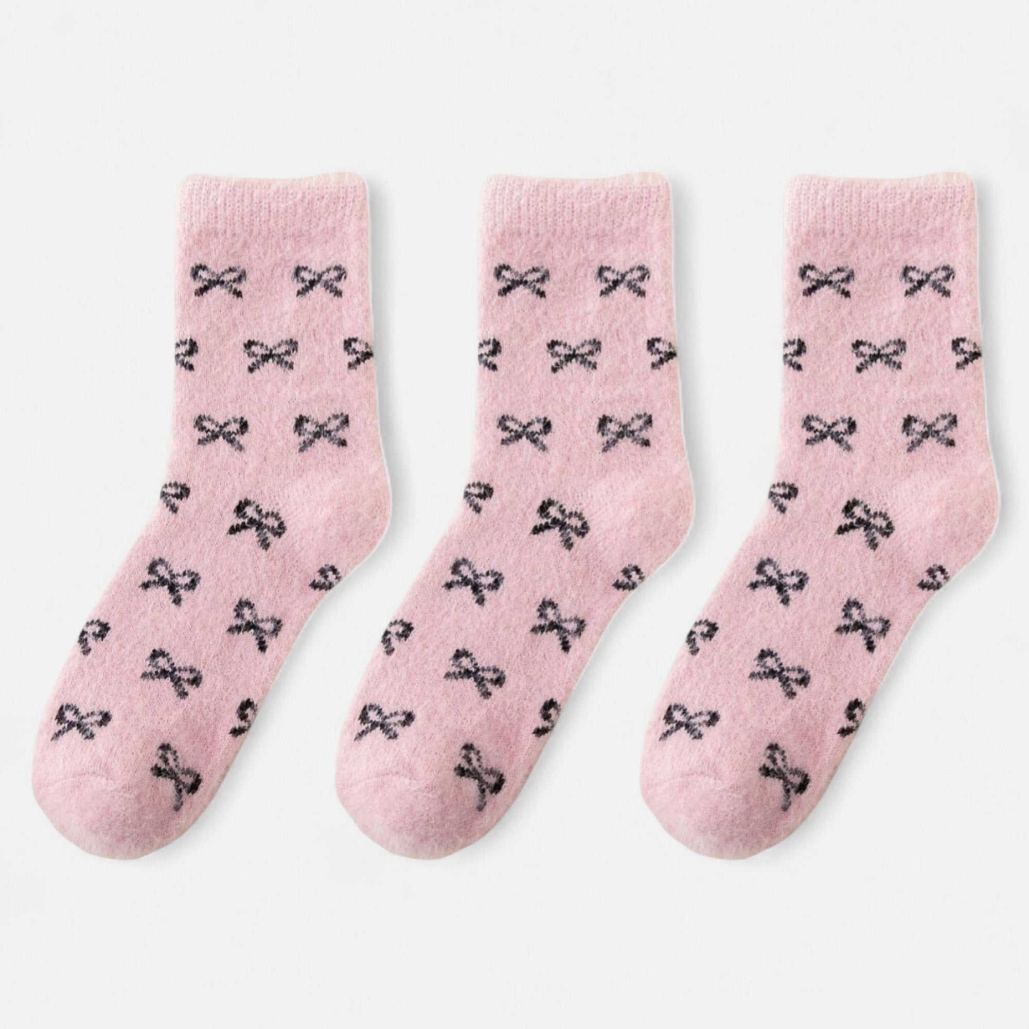 Anna-Kaci Women's 3-Pack Fuzzy Crew Socks with Allover Bow Pattern Soft Cozy Knit Winter Sock Set