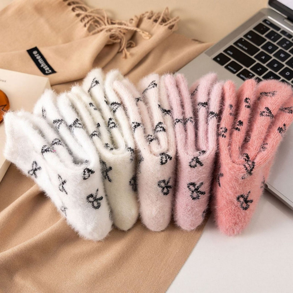 Anna-Kaci Women's 3-Pack Fuzzy Crew Socks with Allover Bow Pattern Soft Cozy Knit Winter Sock Set