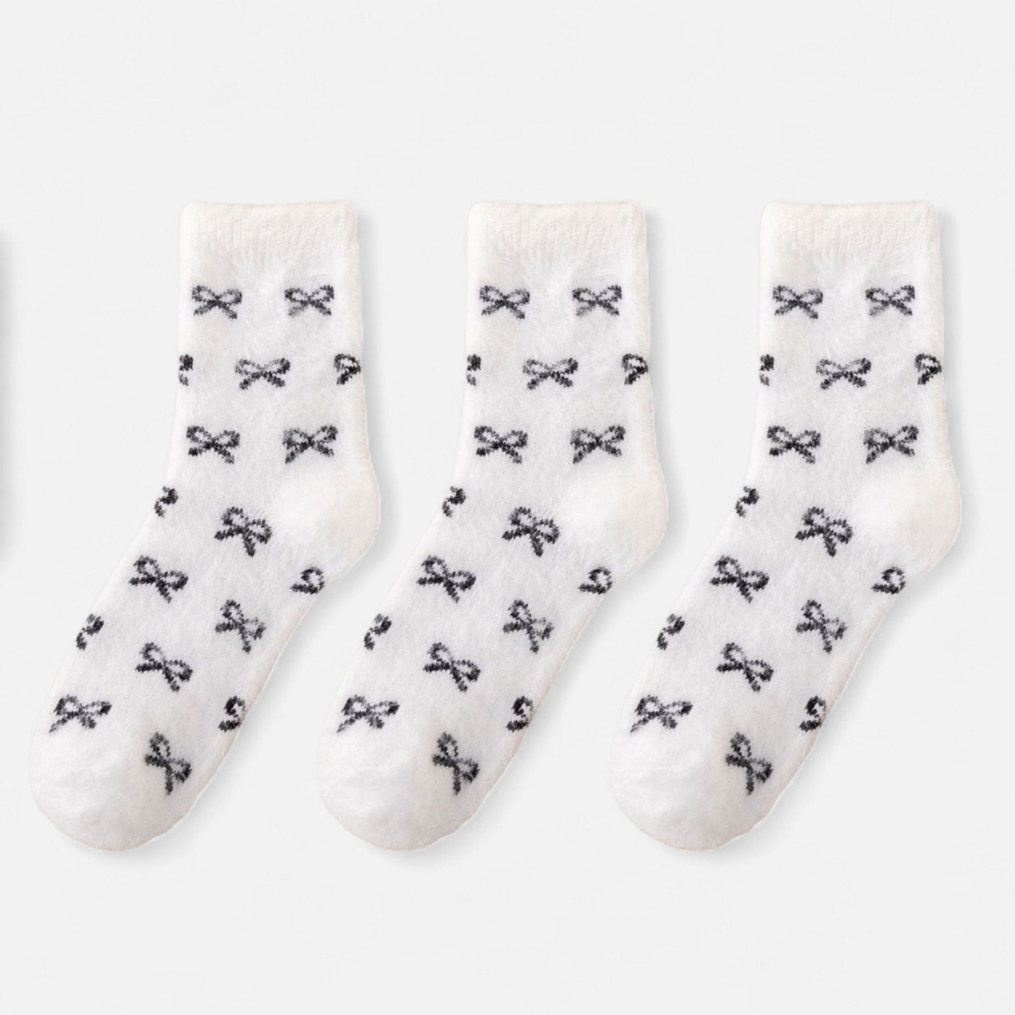 Anna-Kaci Women's 3-Pack Fuzzy Crew Socks with Allover Bow Pattern Soft Cozy Knit Winter Sock Set