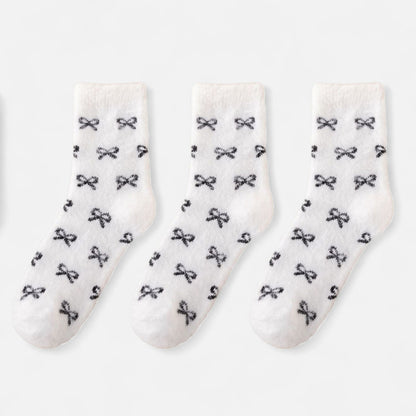 Anna-Kaci Women's 3-Pack Fuzzy Crew Socks with Allover Bow Pattern Soft Cozy Knit Winter Sock Set