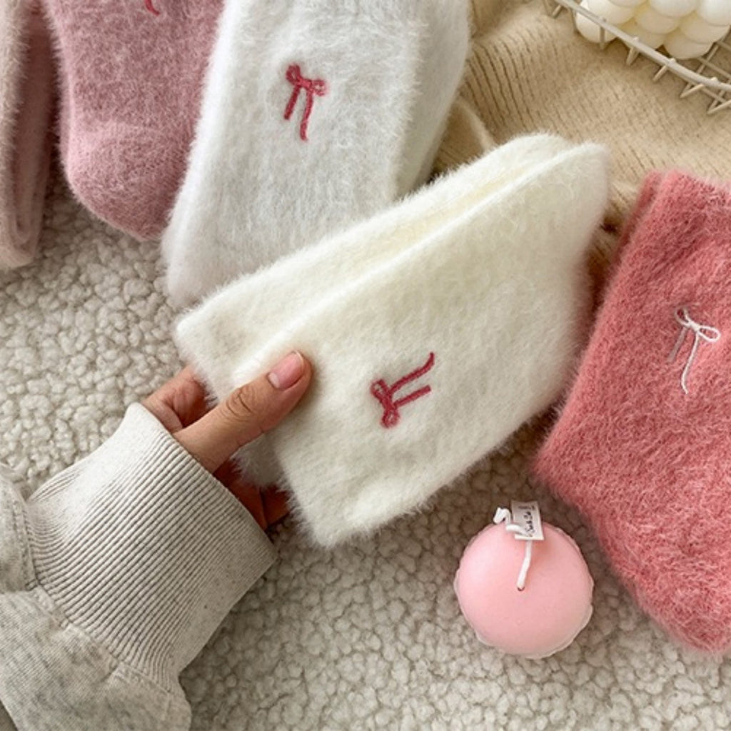 Anna-Kaci Women's 3-Pack Fuzzy Crew Socks with Embroidered Bow Detail Soft Cozy Lounge Sock Set