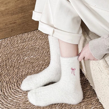 Anna-Kaci Women's 3-Pack Fuzzy Crew Socks with Embroidered Bow Detail Soft Cozy Lounge Sock Set