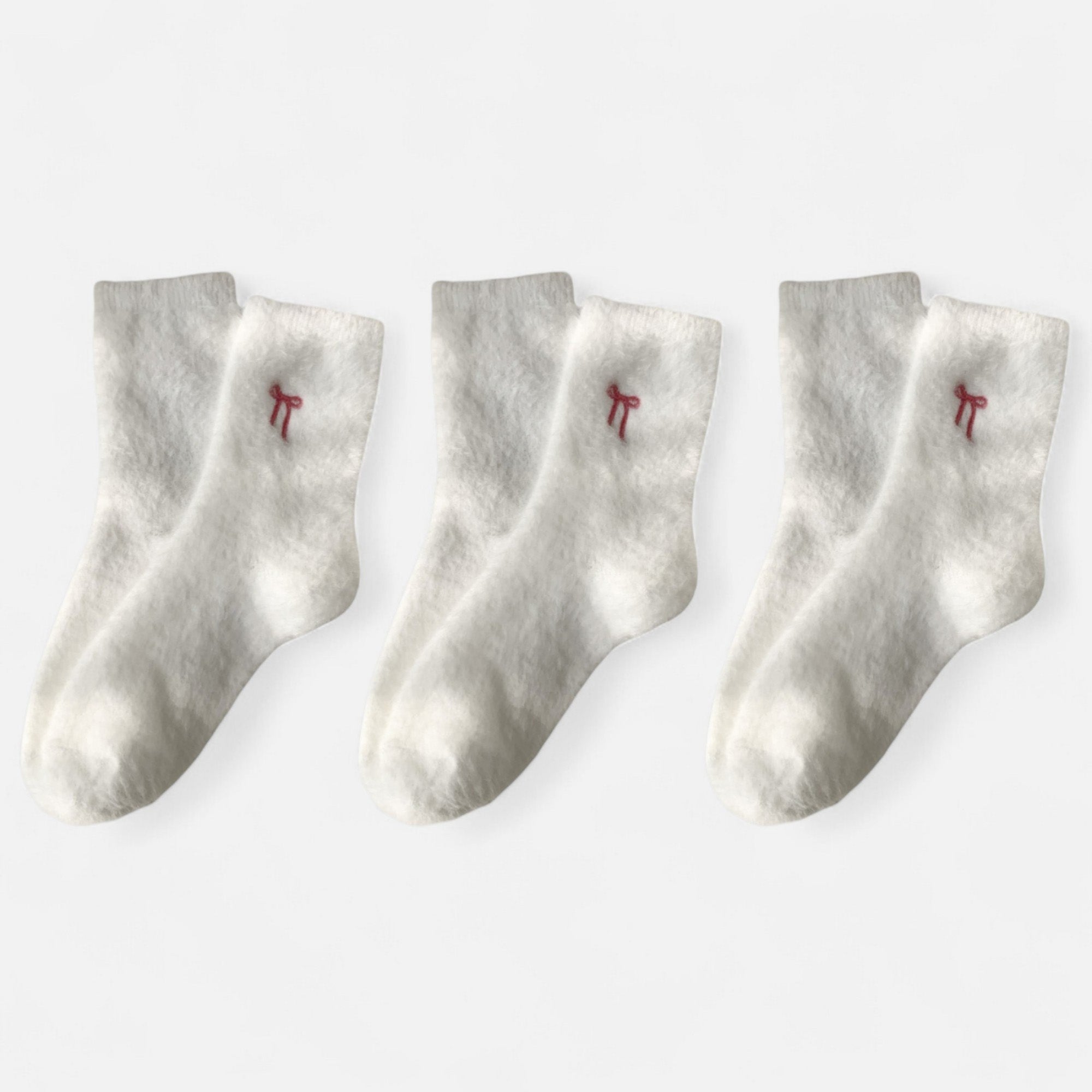 Anna-Kaci Women's 3-Pack Fuzzy Crew Socks with Embroidered Bow Detail Soft Cozy Lounge Sock Set