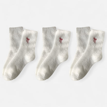 Anna-Kaci Women's 3-Pack Fuzzy Crew Socks with Embroidered Bow Detail Soft Cozy Lounge Sock Set