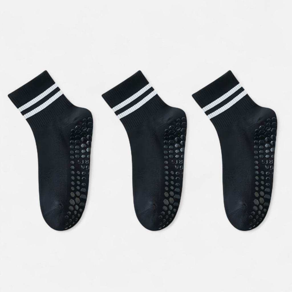 Anna-Kaci Women's 3-Pack Ankle Socks with Rubber Grips and Striped Ribbed Cuffs Soft Non-Slip Sporty Style