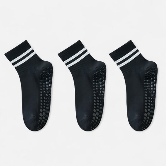 Anna-Kaci Women's 3-Pack Ankle Socks with Rubber Grips and Striped Ribbed Cuffs Soft Non-Slip Sporty Style