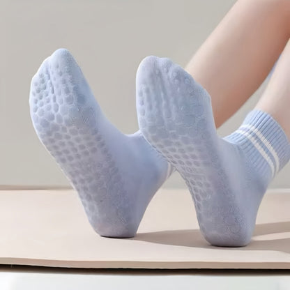 Anna-Kaci Women's 3-Pack Ankle Socks with Rubber Grips and Striped Ribbed Cuffs Soft Non-Slip Sporty Style