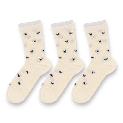 Anna-Kaci 3-Pack Women's Crew Socks with Allover Bow Embroidery and Ribbed Texture