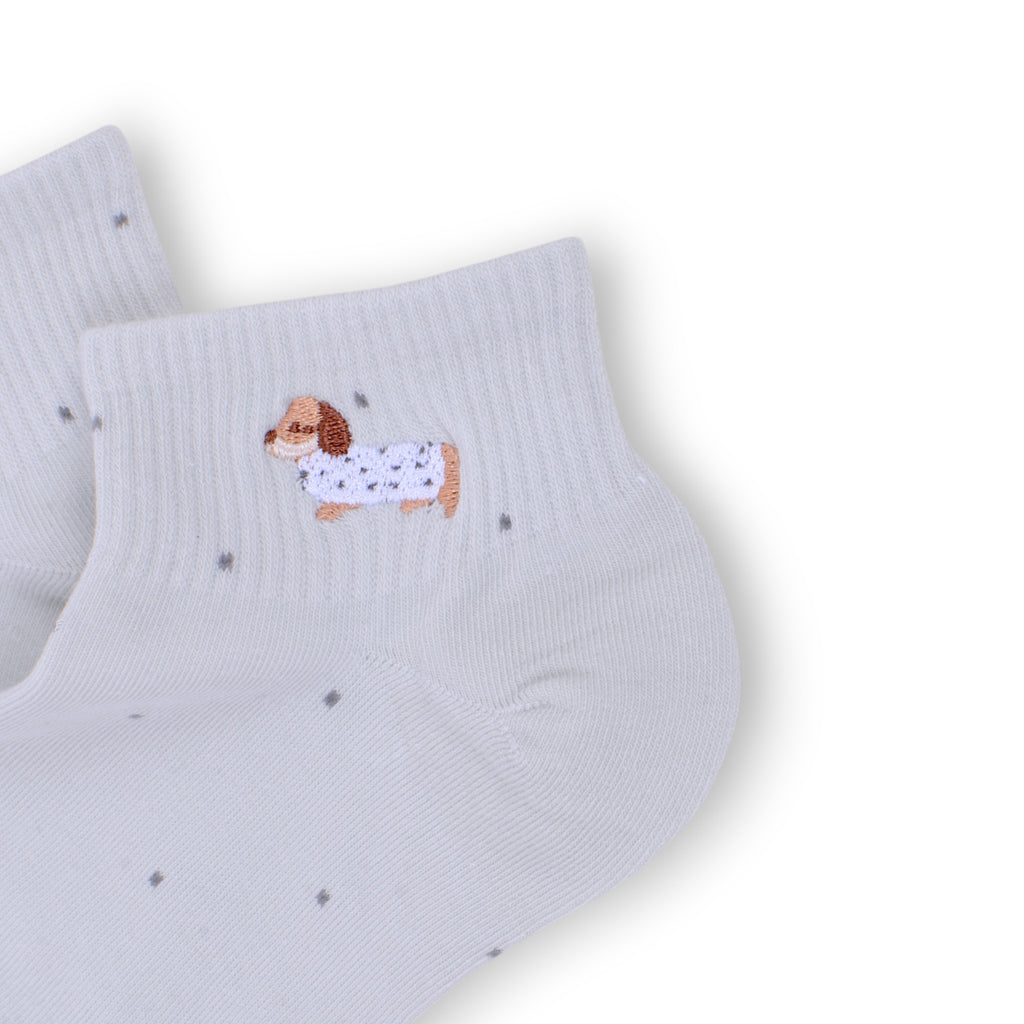 Anna-Kaci 3-Pack Women's Cotton Ankle Socks with Embroidered Dog and Dotted Knit Pattern