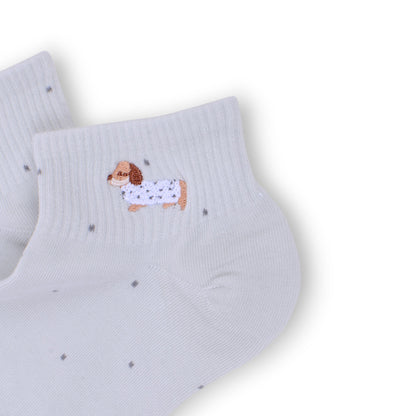 Anna-Kaci 3-Pack Women's Cotton Ankle Socks with Embroidered Dog and Dotted Knit Pattern