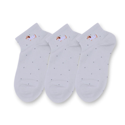 Anna-Kaci 3-Pack Women's Cotton Ankle Socks with Embroidered Dog and Dotted Knit Pattern