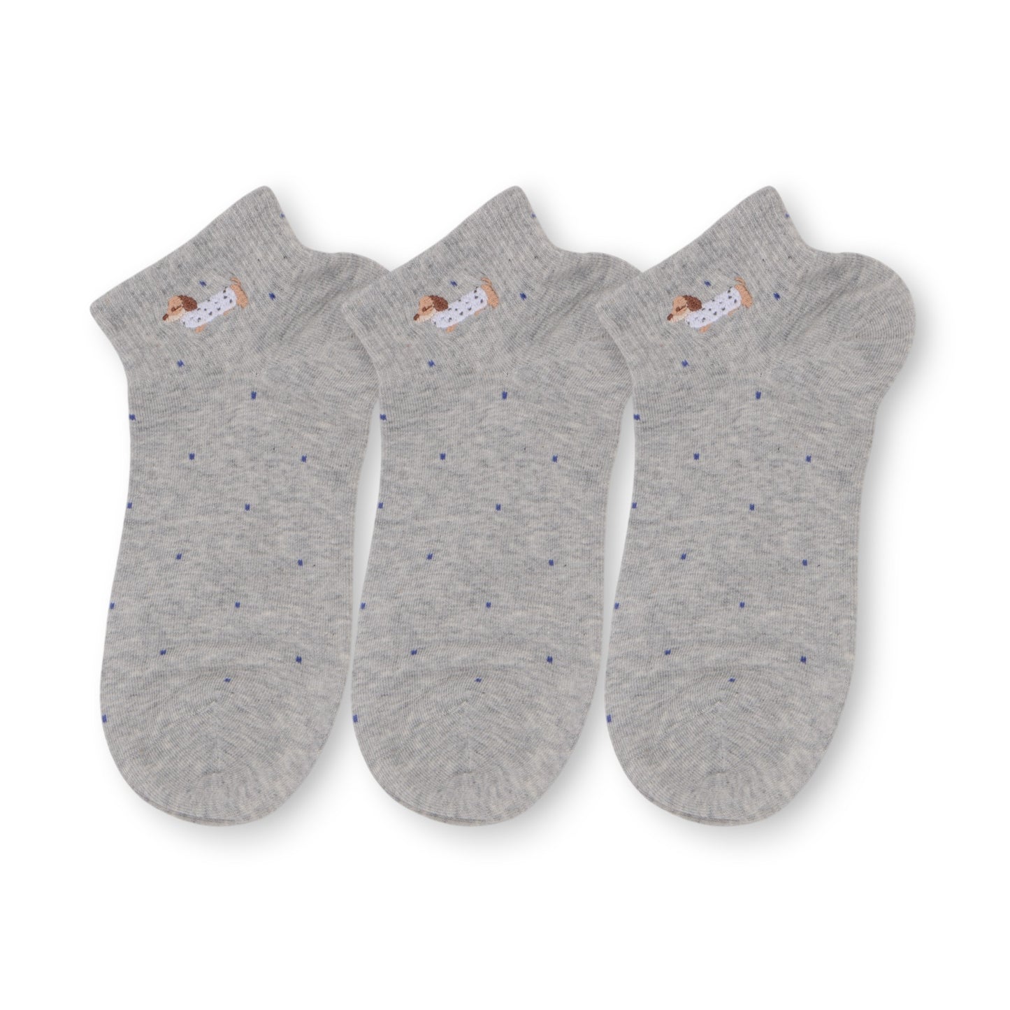Anna-Kaci 3-Pack Women's Cotton Ankle Socks with Embroidered Dog and Dotted Knit Pattern
