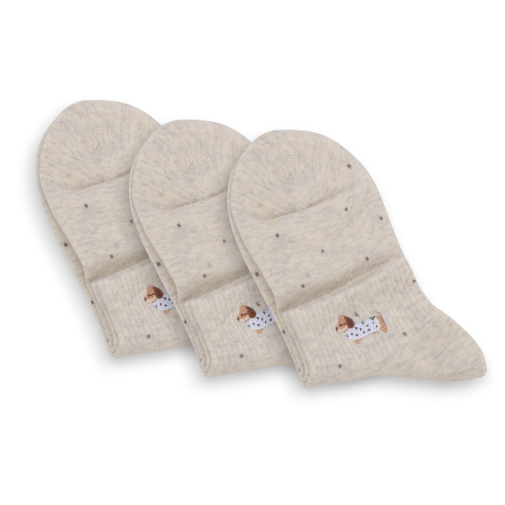 Anna-Kaci 3-Pack Women's Cotton Ankle Socks with Embroidered Dog and Dotted Knit Pattern