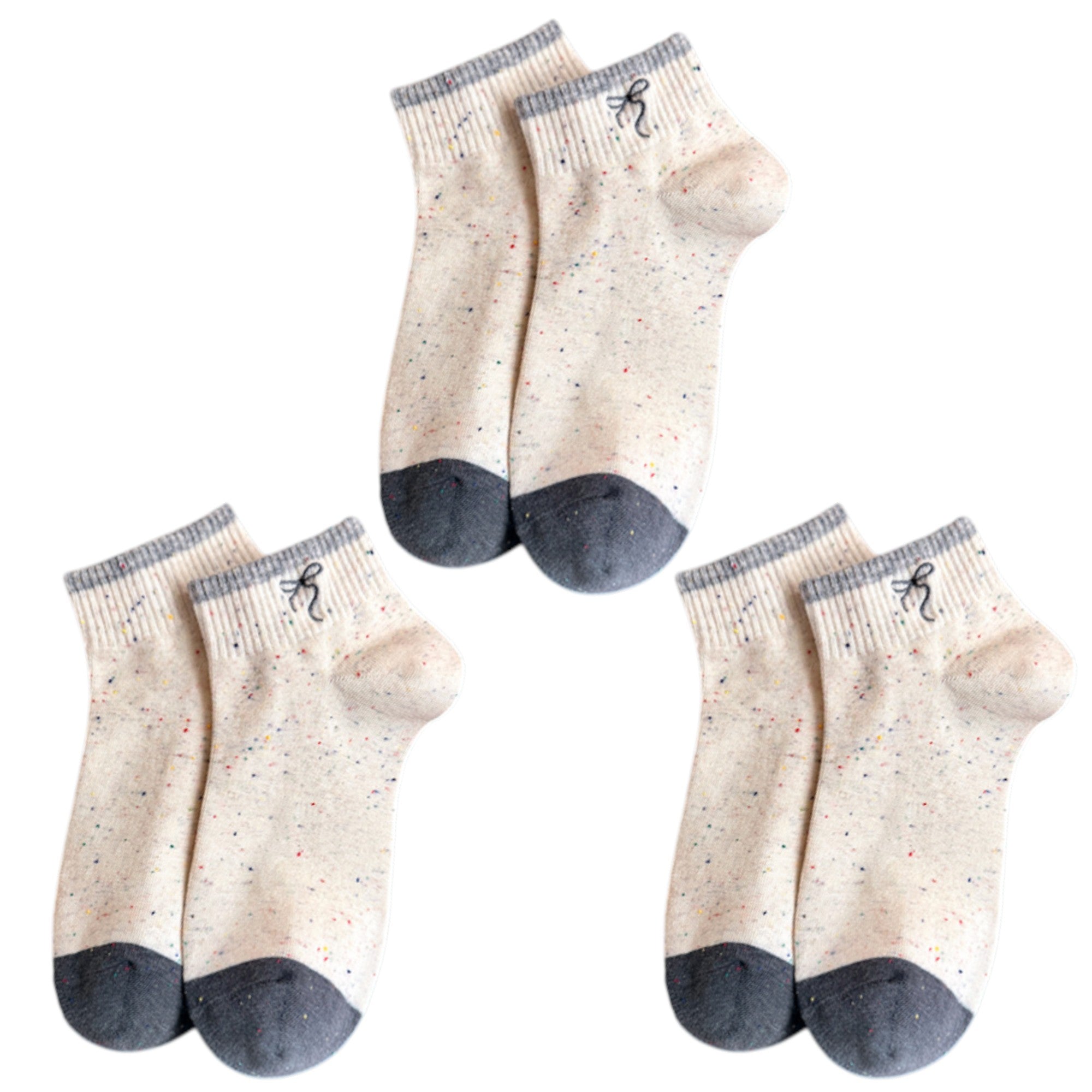 Anna-Kaci 3-Pack Women's Cartoon Embroidered Cotton Ankle Socks with Stripes and Color Speckle Design