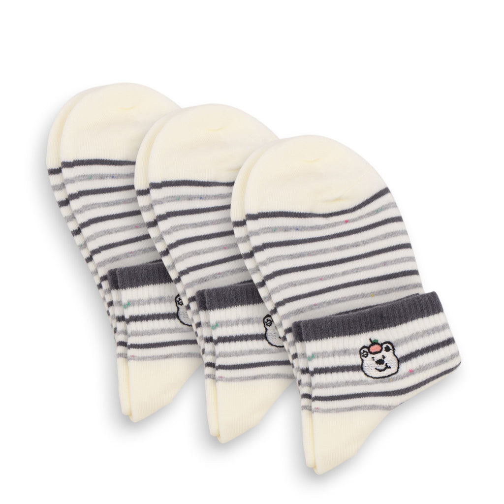 Anna-Kaci 3-Pack Women's Cartoon Embroidered Cotton Ankle Socks with Stripes and Color Speckle Design