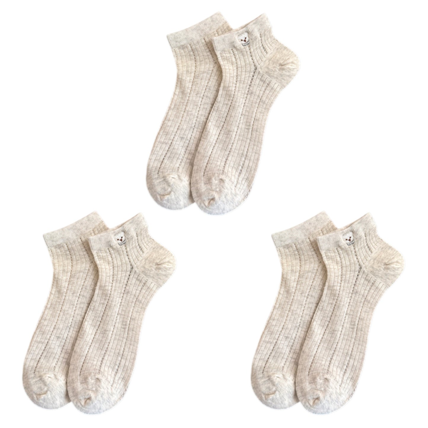 Anna-Kaci 3-Pack Women's Ribbed Cotton Ankle Socks with Embroidered Bear and Moisture-Wicking Comfort