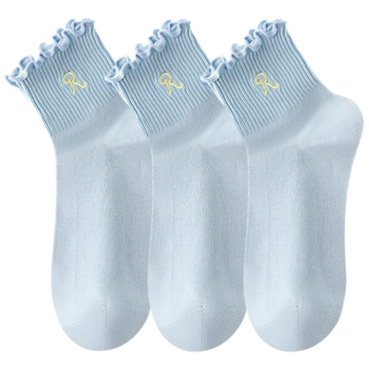 Anna-Kaci 3-Pack Women's Crew Socks with Ruffle Lettuce Edge Trim and Delicate Embroidered Detail