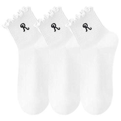 Anna-Kaci 3-Pack Women's Crew Socks with Ruffle Lettuce Edge Trim and Delicate Embroidered Detail