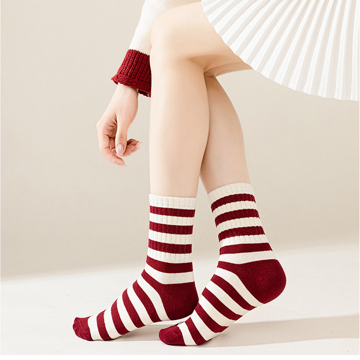 Anna-Kaci Women's 4 Pairs Striped and Solid Knit Socks with Bow Embroidery Ribbed Cuffs and Soft Stretch Fabric