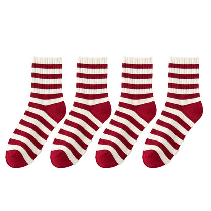 Anna-Kaci Women's 4 Pairs Striped and Solid Knit Socks with Bow Embroidery Ribbed Cuffs and Soft Stretch Fabric
