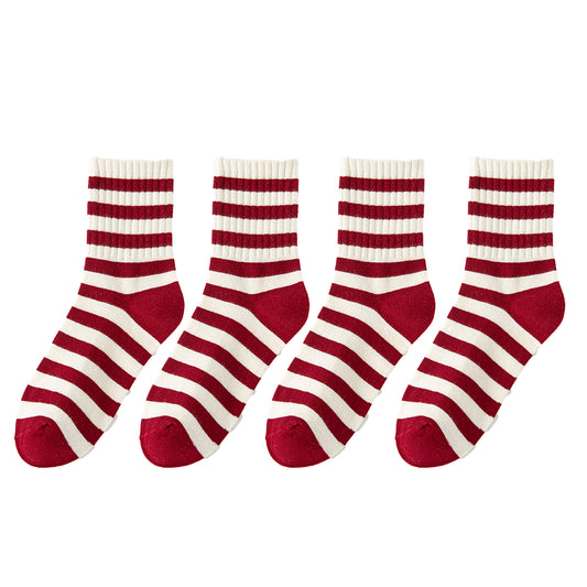 Anna-Kaci Women's 4 Pairs Striped and Solid Knit Socks with Bow Embroidery Ribbed Cuffs and Soft Stretch Fabric