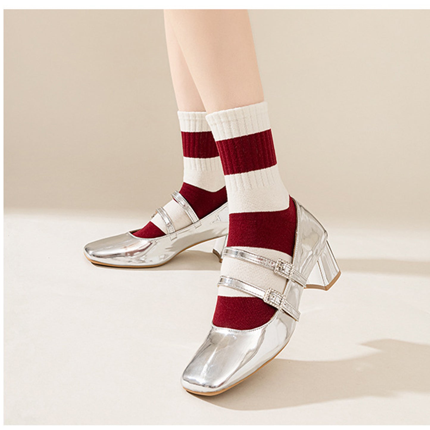 Anna-Kaci Women's 4 Pairs Striped and Solid Knit Socks with Bow Embroidery Ribbed Cuffs and Soft Stretch Fabric