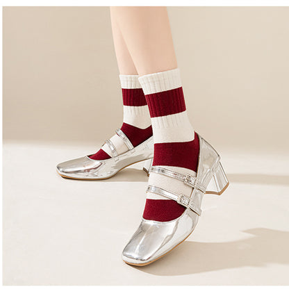 Anna-Kaci Women's 4 Pairs Striped and Solid Knit Socks with Bow Embroidery Ribbed Cuffs and Soft Stretch Fabric