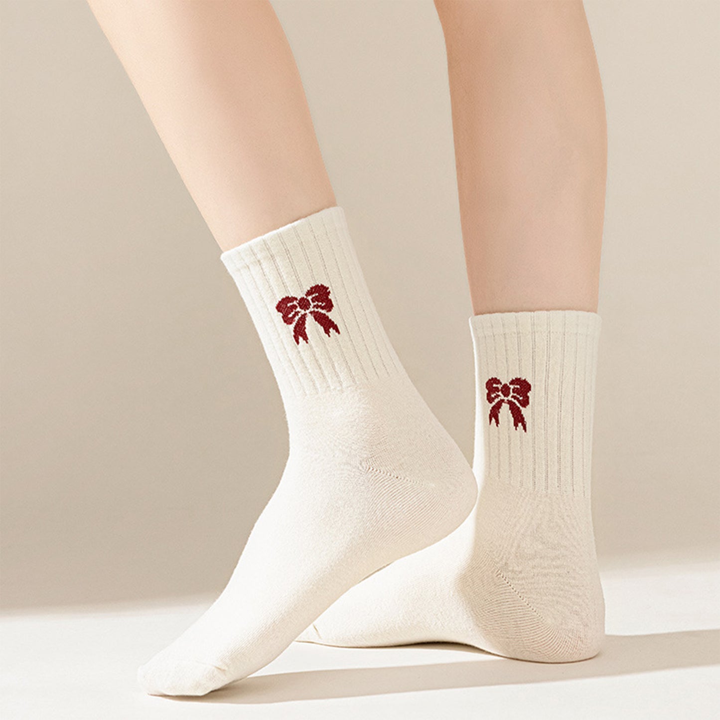 Anna-Kaci Women's 4 Pairs Striped and Solid Knit Socks with Bow Embroidery Ribbed Cuffs and Soft Stretch Fabric