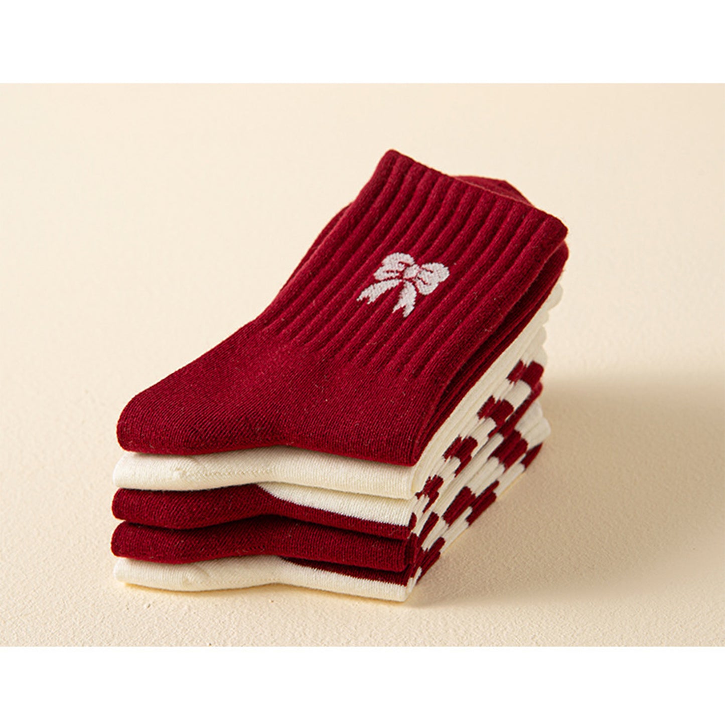 Anna-Kaci Women's 4 Pairs Striped and Solid Knit Socks with Bow Embroidery Ribbed Cuffs and Soft Stretch Fabric