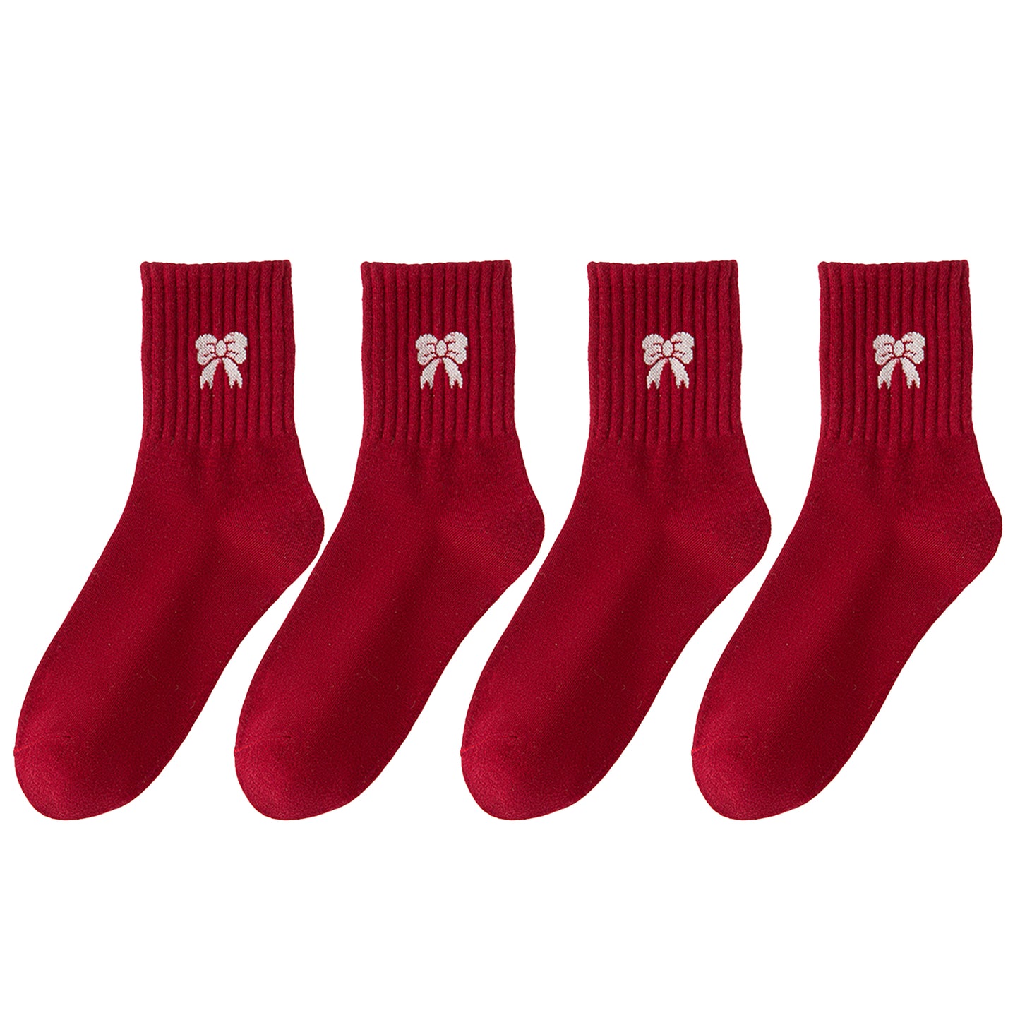 Anna-Kaci Women's 4 Pairs Striped and Solid Knit Socks with Bow Embroidery Ribbed Cuffs and Soft Stretch Fabric