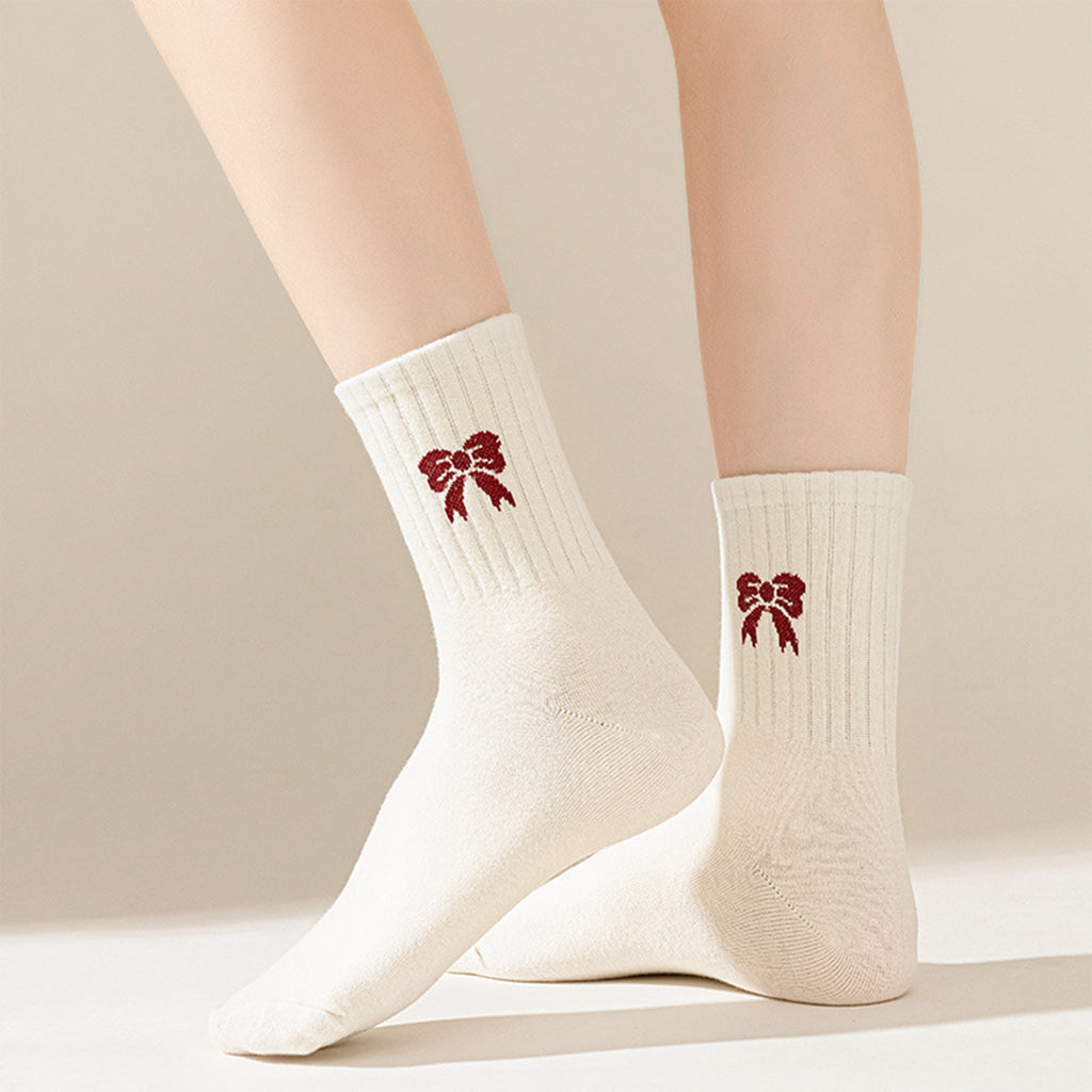 Anna-Kaci Women's 4 Pairs Striped and Solid Knit Socks with Bow Embroidery Ribbed Cuffs and Soft Stretch Fabric
