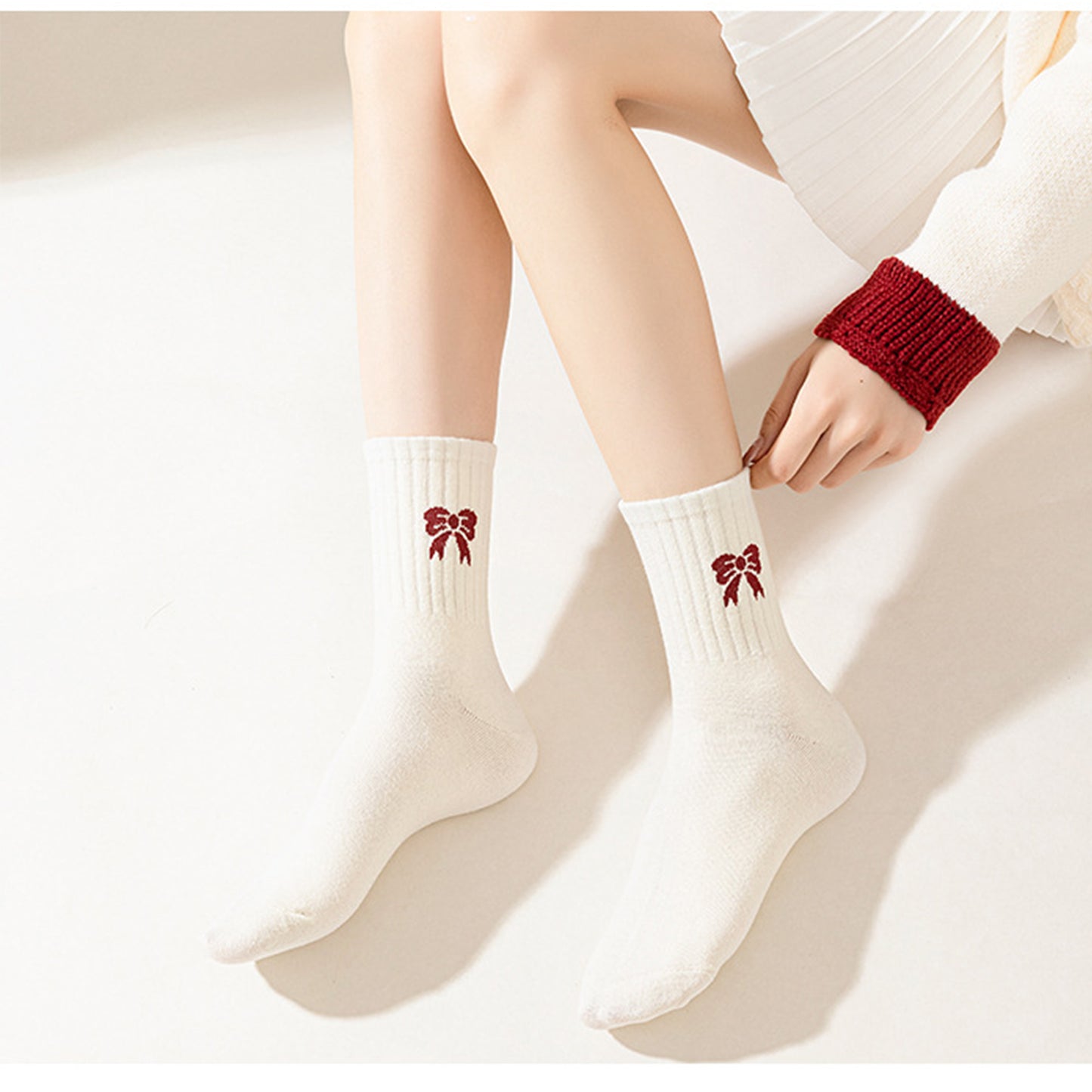 Anna-Kaci Women's 4 Pairs Striped and Solid Knit Socks with Bow Embroidery Ribbed Cuffs and Soft Stretch Fabric